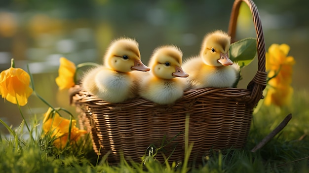 Schattige eendjes op een achtergrond van mandgras