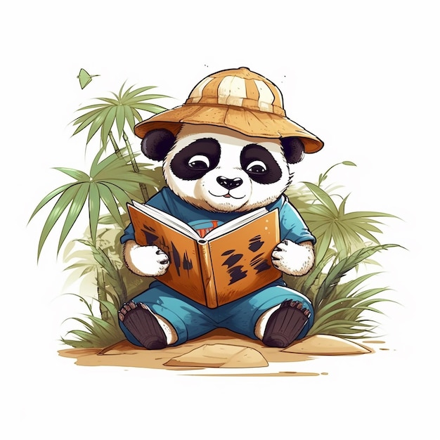 Foto schattige en eigenzinnige babypanda die een strohoed draagt en een boek leest