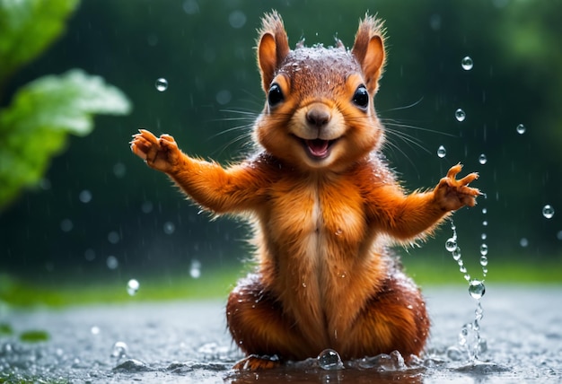 Schattige en schattige kleine eekhoorn die danst in de regen Generatieve AI