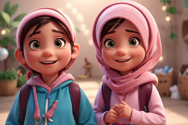 schattige en schattige moslim kinderen cartoon personage 3d rendering