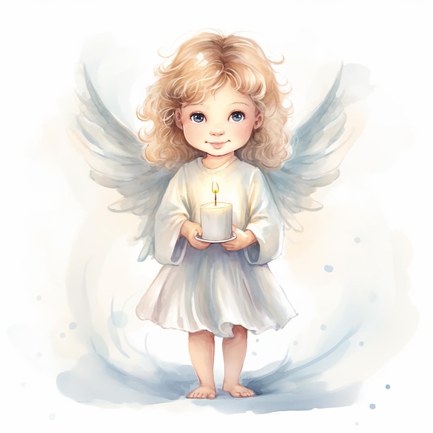 schattige engel met een kaars kinderboek illustratie stijl op witte achtergrond