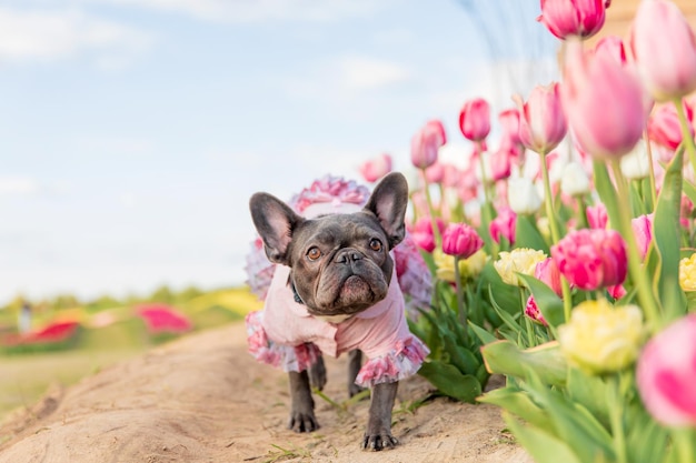 Schattige Franse bulldog in een kleurrijk tulpenveld met levendige tinten Geklede hond Hondenkleding