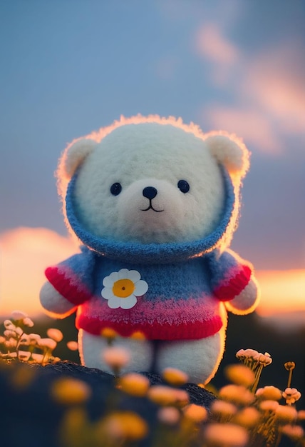 Schattige garenpop teddybeer in bloemenveld op gloeiend licht Gemaakt met generatieve AI-technologie