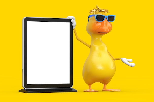 Schattige gele cartoon duck persoon karakter mascotte met lege trade show lcd-scherm staan als sjabloon voor uw ontwerp op een gele achtergrond. 3d-rendering
