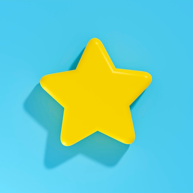 Schattige gele ster 3d render op blauwe achtergrond met schaduw