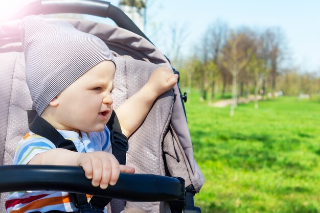 Schattige gelukkige blanke babyjongen gaat niet zitten in een grijze kinderwagen in het park zomerdag kind wordt vastgebonden in de wandelwagen tijdens de wandeling