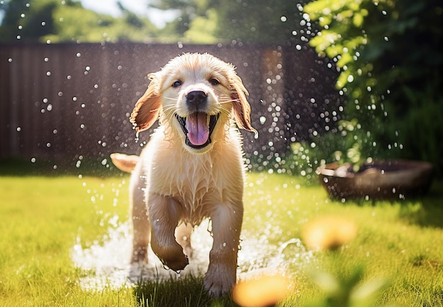 Schattige Golden Retriever puppy spelen met tuinsproeierwater op een warme zomerdag