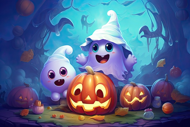 schattige halloween-scène met ghost heks snoep mooie generatieve ai in cartoonstijl