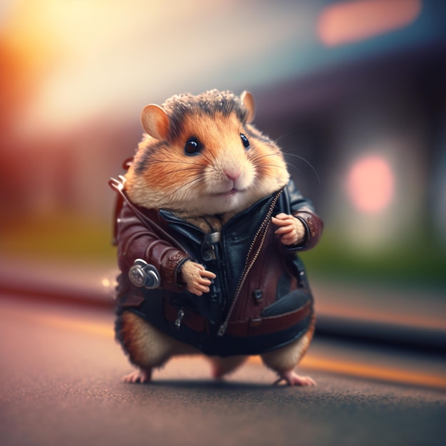 Schattige hamster die een leren jas draagt.