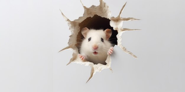 Schattige hamster gluren uit een gat in de muur gescheurd gat lege kopie ruimte frame mockup Generatieve AI-afbeelding weber