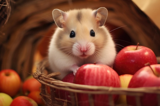schattige hamster in een mand met appels buiten