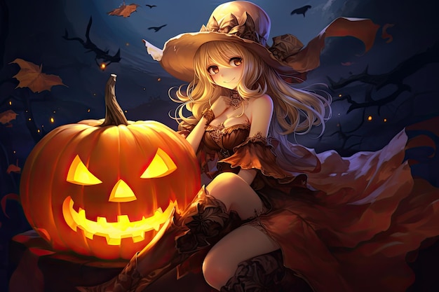 schattige heks heeft een jakc o lantern halloween-illustratieachtergrond