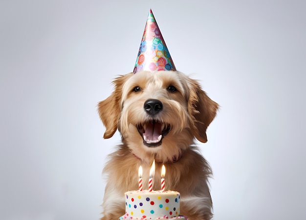 schattige hond ander ras met verjaardagspet en taartballonnen en vlaggen geïsoleerde mockup vrije ruimte