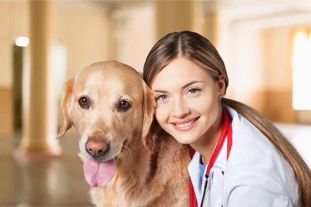 Schattige hond bij de dierenarts met een blije dokter