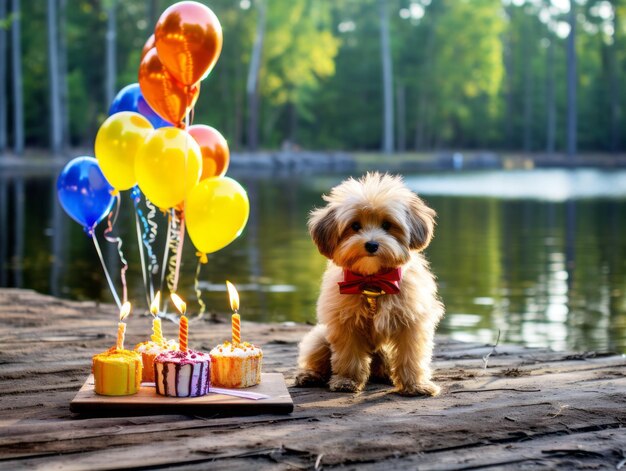 Foto schattige hond die poseert met een verjaardagstaart op een feestje