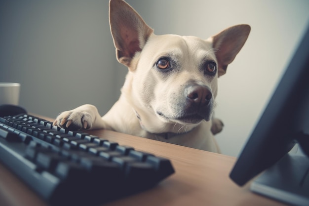 Schattige hond die thuis op de computer werkt in de woonkamer die Ai heeft gegenereerd