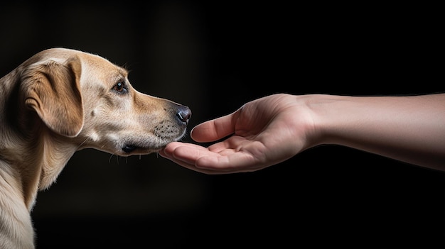 schattige hond foto snuiven eigenaar hand