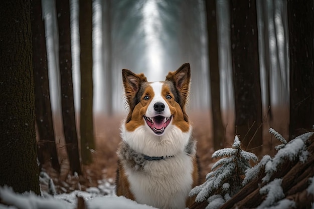 Schattige hond geniet van een besneeuwd bos bij zonsondergang Portret van een gelukkig huisdier buiten het winterseizoen Generatieve AI