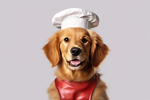Schattige hond Golden retriever Chef-kok met kostuum voor diner geïsoleerd op witte achtergrond Generatieve Ai