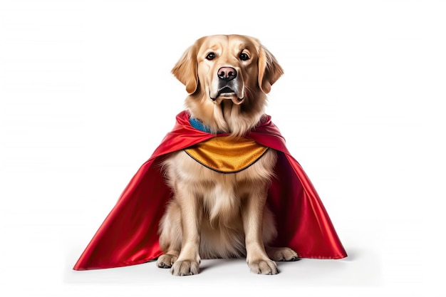 Schattige hond Golden retriever met superheldenkostuum geïsoleerd op witte achtergrond Generatieve Ai
