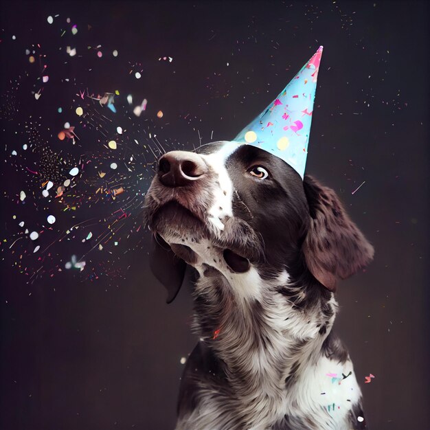 Schattige hond met een feestmuts viert haar verjaardag confetti vallende Genereer Ai