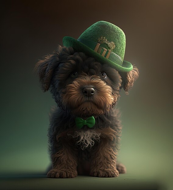 Schattige hond met groene St Patrick's Day hoed op een onscherpe achtergrond Generatieve AI