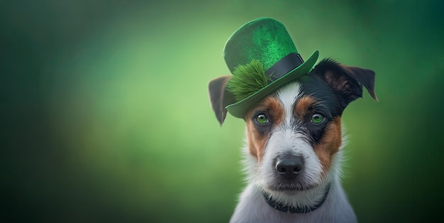 Schattige hond met groene St Patrick's Day hoed op een onscherpe gekleurde achtergrond Generatieve AI