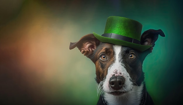 Schattige hond met groene St Patrick's Day hoed op een onscherpe gekleurde achtergrond Generatieve AI