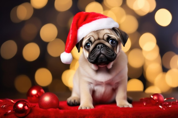 Schattige hond met kerstmanhoeden in de kamer die is gedecoreerd voor kerstmis