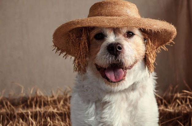 Schattige hond met strohoed Gelukkige boerderijhond op het platteland Generatieve AI
