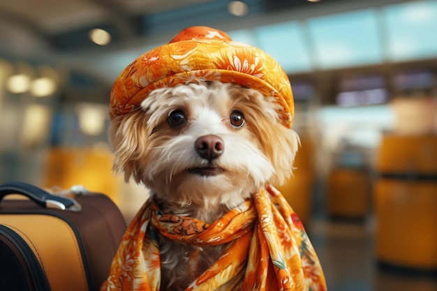 Foto schattige hond met zomerhoed op luchthaven, verlangend naar vakantie ai