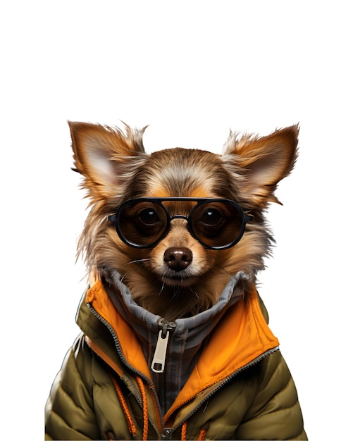 schattige hond portret poseren als een model draagt een jas en bril geïsoleerd op een witte achtergrond