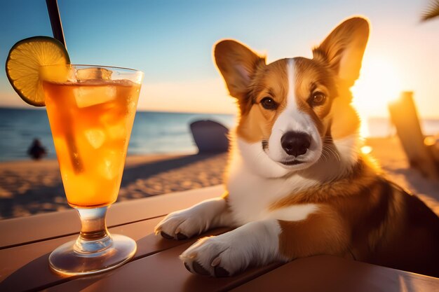 Schattige hond rustend op zee strand met koude cocktail in de zonsondergang