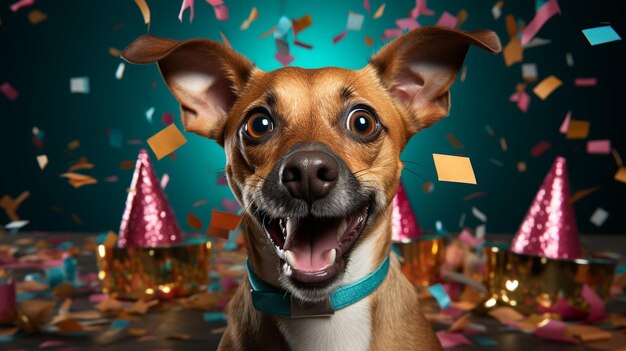 Schattige hond viert op een verjaardagsfeestje met confetti en feestmuts Generatieve AI