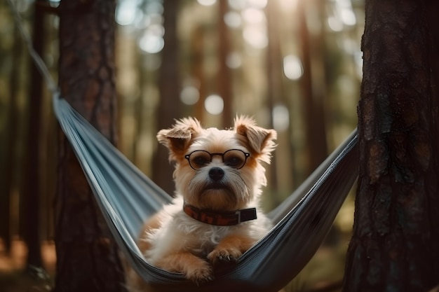 Schattige hond zit op een hangmat in een dennenbos generatieve ai