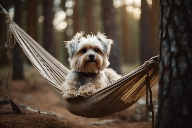 Schattige hond zit op een hangmat in een dennenbos generatieve ai