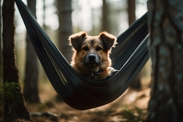 Schattige hond zit op een hangmat in een dennenbos generatieve ai