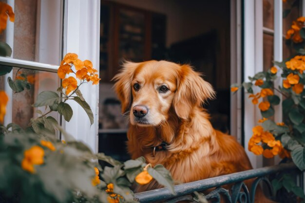 Schattige hond zittend op een balkon in stadsappartementen en kijkend op straat generatieve ai