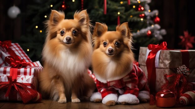 Schattige huisdieren in feestelijke outfits met kerstcadeautjes