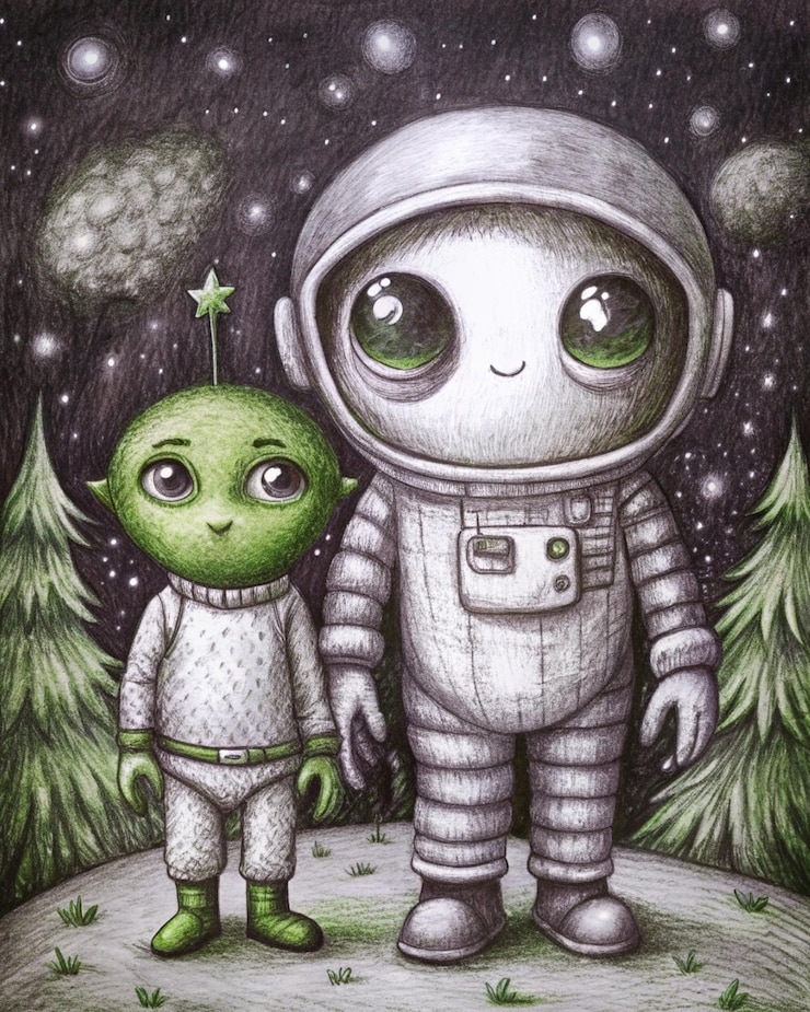 Foto schattige illustraties van een schattige astronaut en een buitenaardse.