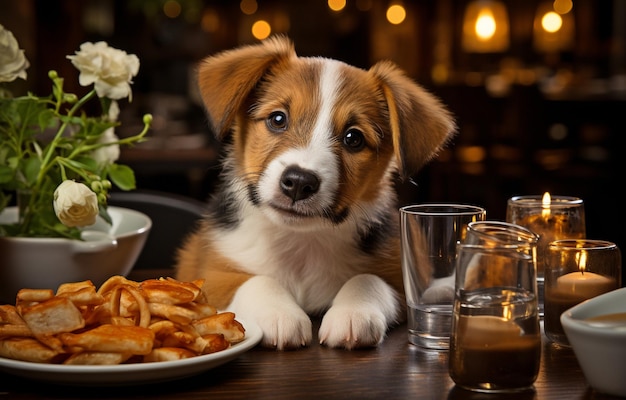 Schattige intelligente puppy aan de eettafel