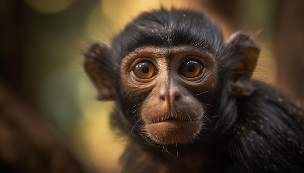 Schattige jonge makaak staren naar camera buiten gegenereerd door AI