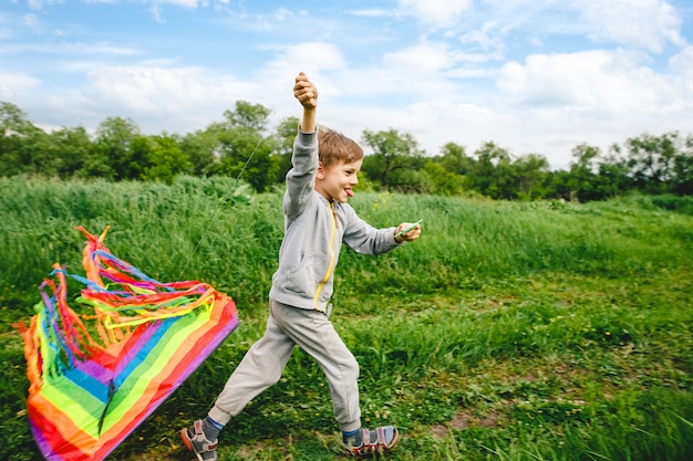 Schattige jongen spelen met kleurrijke vlieger buiten