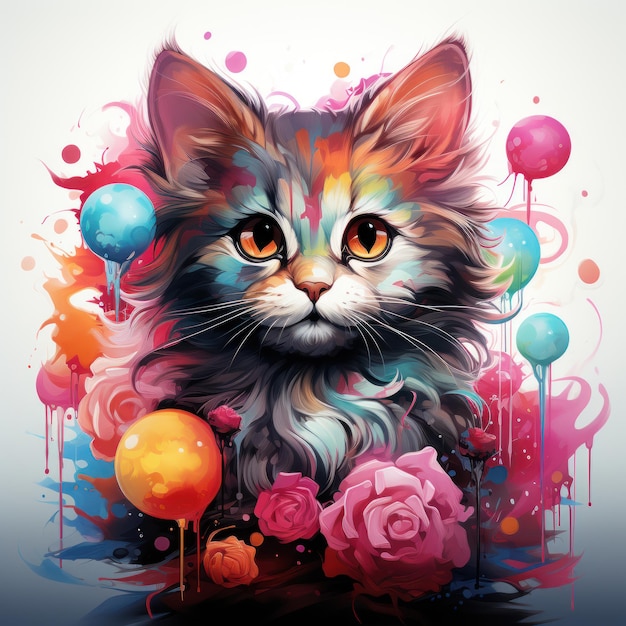 Schattige kat Een boeiend abstract schilderij op een witte achtergrond Generatieve AI