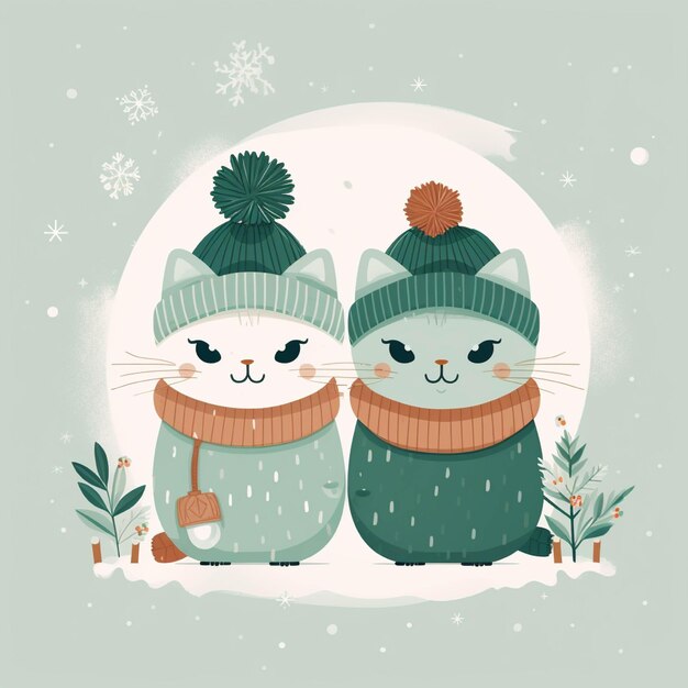 Schattige kat en sneeuwpop in winterkleren vectorillustratie