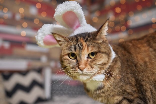 Schattige kat in kerstman hoed tegen vage kerstverlichting