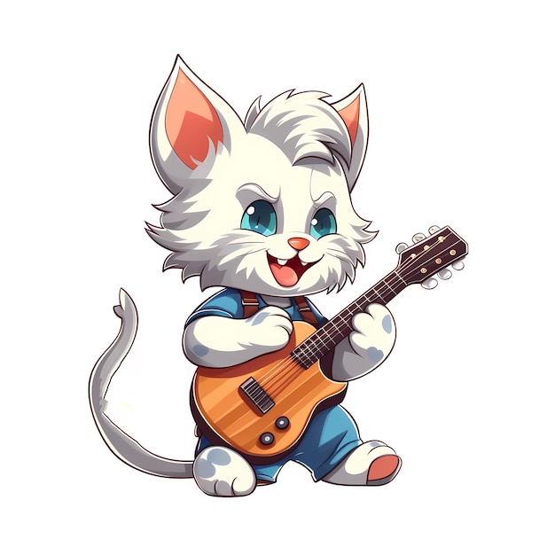 schattige kat kitty getekend personage spelen op chitara buiten of geïsoleerd generatieve ai