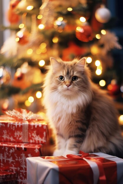 Schattige kat met cadeautjes en cadeautjes onder de kerstboom