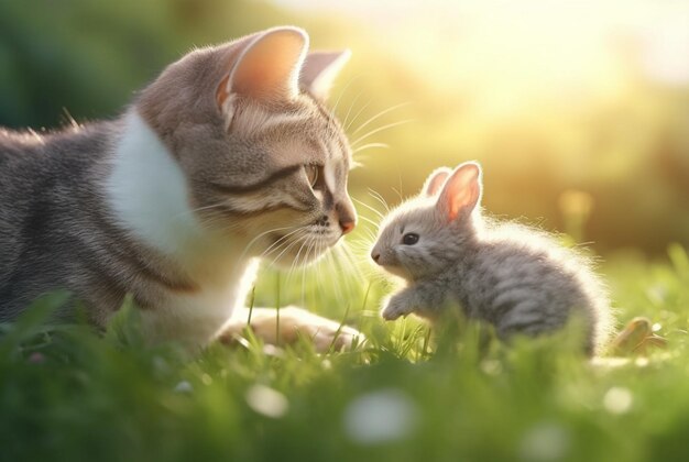 schattige kat met schattig konijn spelen op het groene gras van de tuin met wazige achtergrond en zonlicht generatieve ai