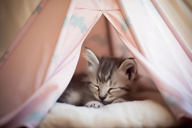 Schattige kat slaapt in een tentje in pastelkleuren